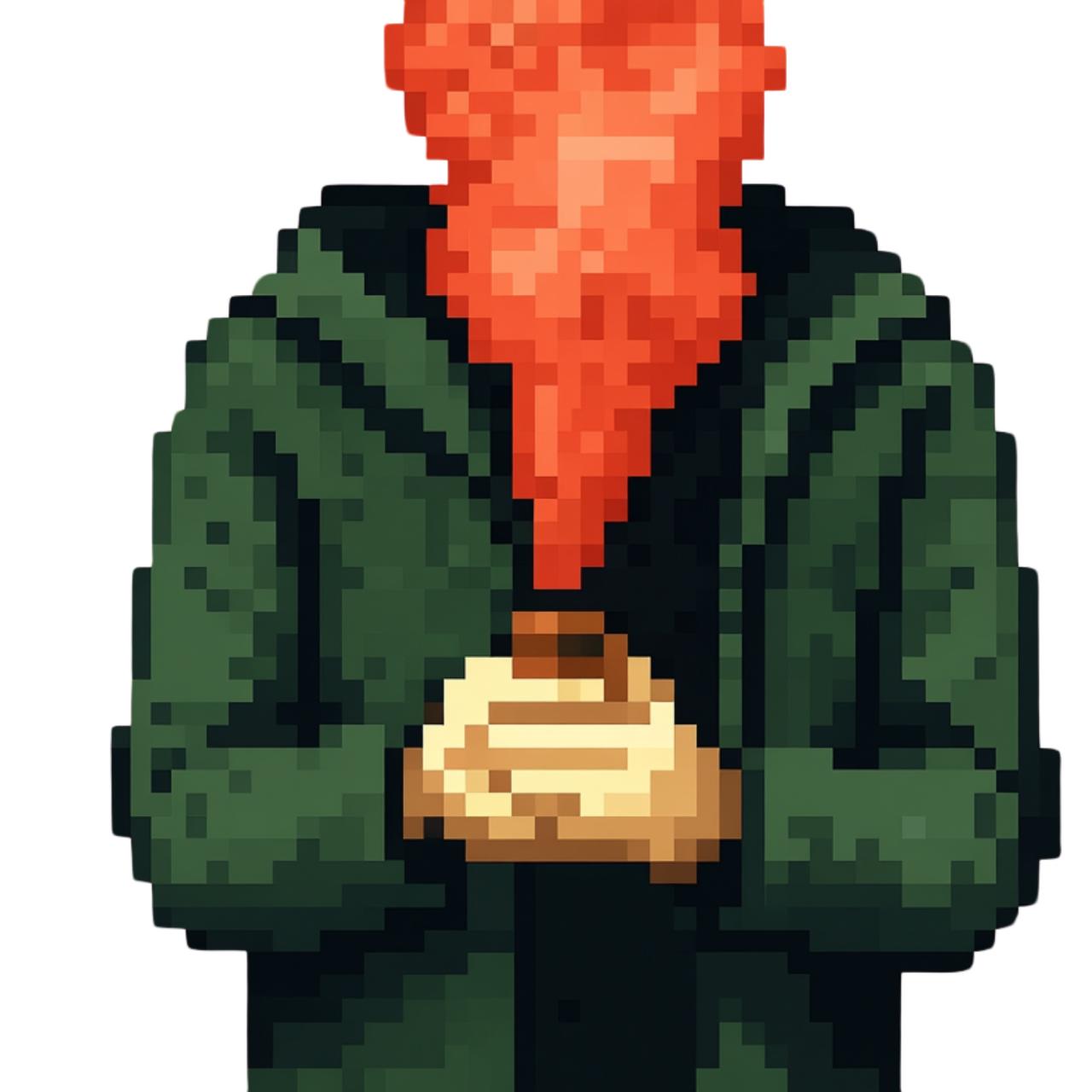 DJ KLMA — flame-face hooded pixel character clutching a glowing bag